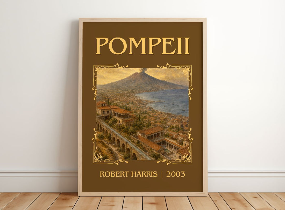 Pompeii Classic Book Art Print by Robert Harris – framed print leaning on a wooden floor