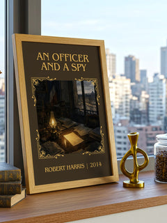 An Officer and a Spy Classic Book Art Print by Robert Harris – framed print on a city-view windowsill