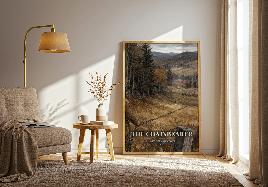 The Chainbearer watercolour print in frame leaning in hallway – historical fiction wall art (mockup)