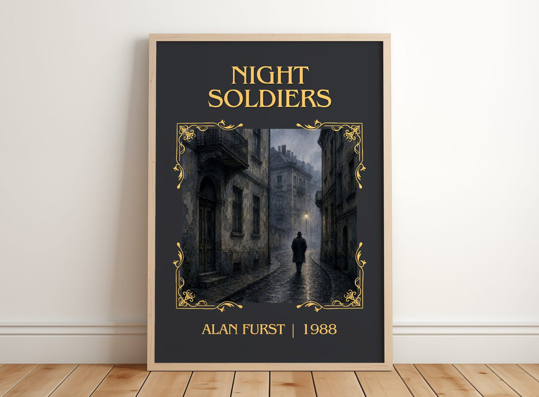 Night Soldiers Classic Book Art Print by Alan Furst – framed print leaning on a wooden floor