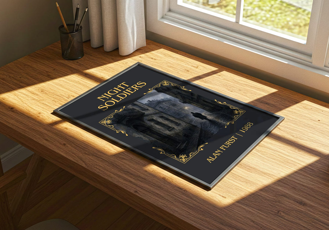 Night Soldiers Classic Book Art Print by Alan Furst – print on a sunlit desk