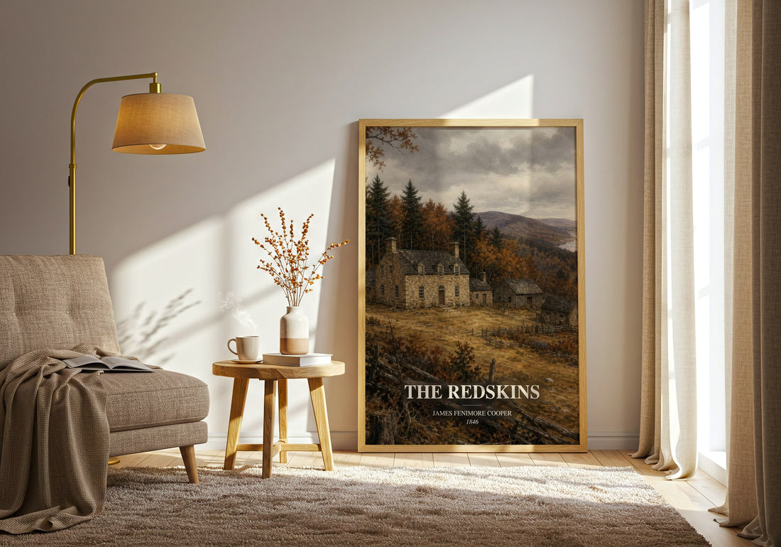The Redskins watercolour print in frame leaning in hallway – historical fiction wall art (mockup)
