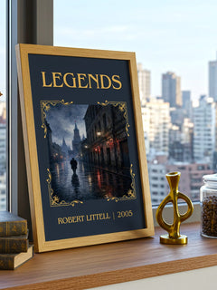 Legends Classic Book Art Print by Robert Littell – framed print on a city-view windowsill