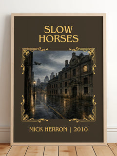 Slow Horses Classic Book Art Print by Mick Herron – framed print leaning on a wooden floor