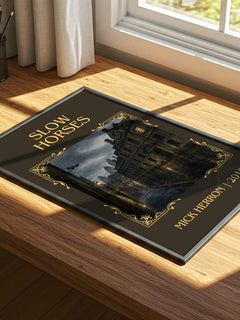 Slow Horses Classic Book Art Print by Mick Herron – print on a sunlit desk