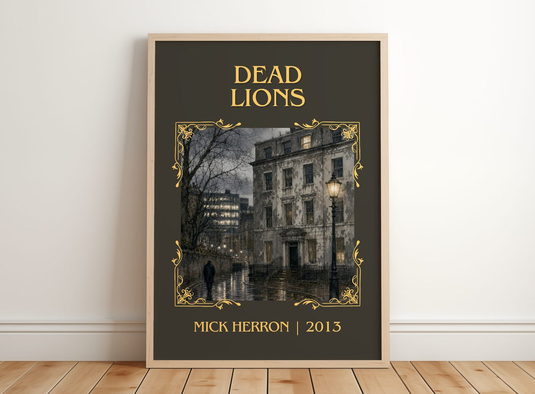 Dead Lions Classic Book Art Print by Mick Herron – framed print leaning on a wooden floor