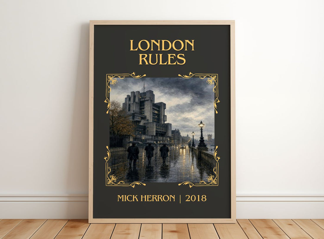 London Rules Classic Book Art Print by Mick Herron – framed print leaning on a wooden floor