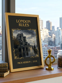 London Rules Classic Book Art Print by Mick Herron – framed print on a city-view windowsill