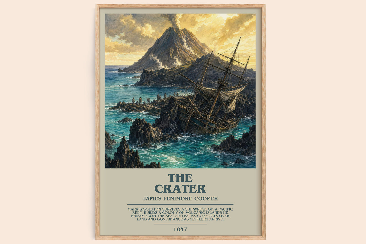 The Crater bookish book poster by James Fenimore Cooper – framed literary art print