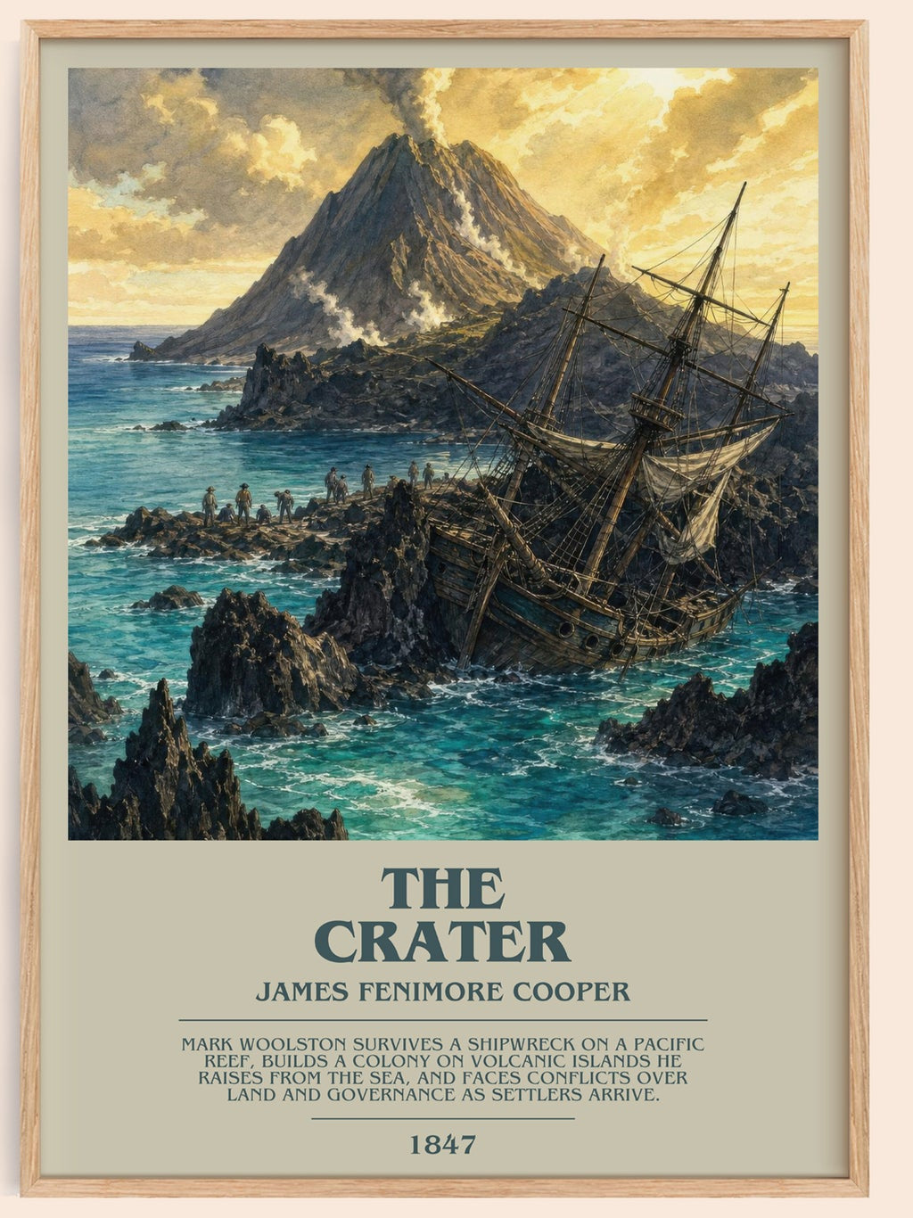 The Crater bookish book poster by James Fenimore Cooper – framed literary art print