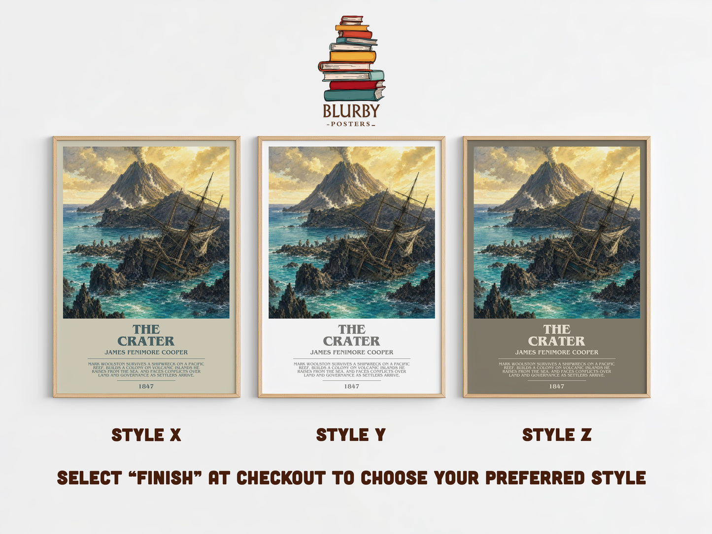 The Crater bookish print in frame leaning in hallway – adventure wall art
