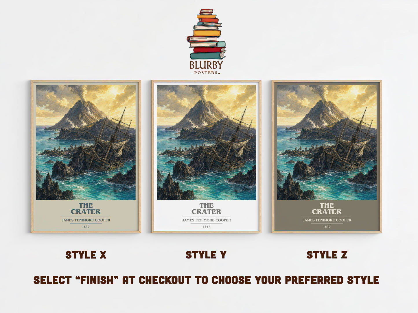 The Crater book cover print in frame leaning in hallway – adventure wall art