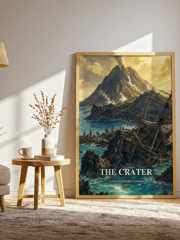 The Crater watercolour print in frame leaning in hallway – adventure wall art