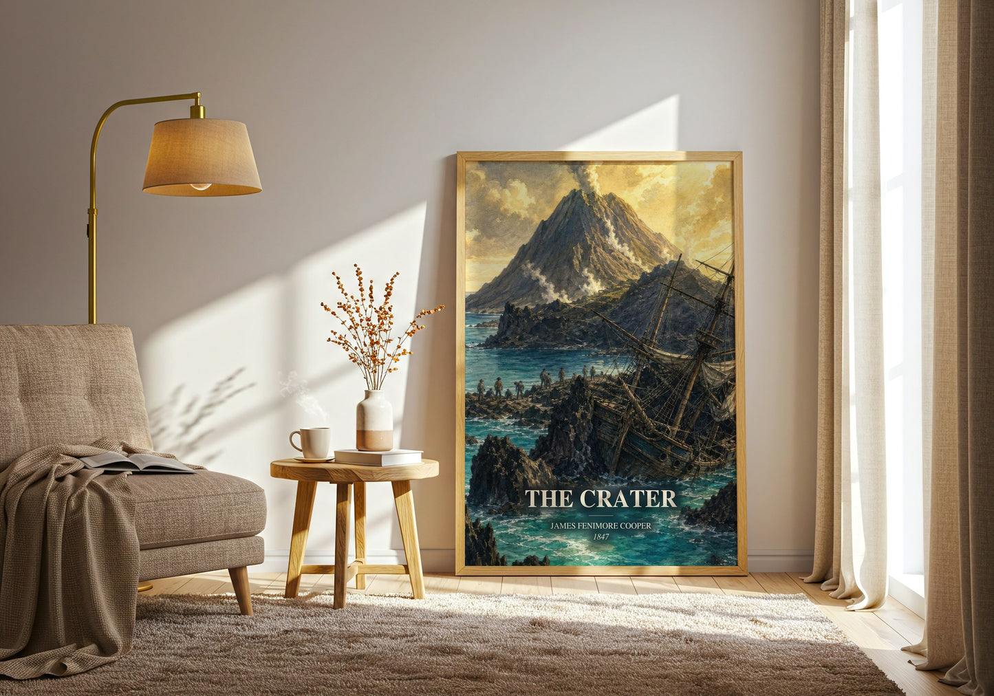 The Crater watercolour print in frame leaning in hallway – adventure wall art