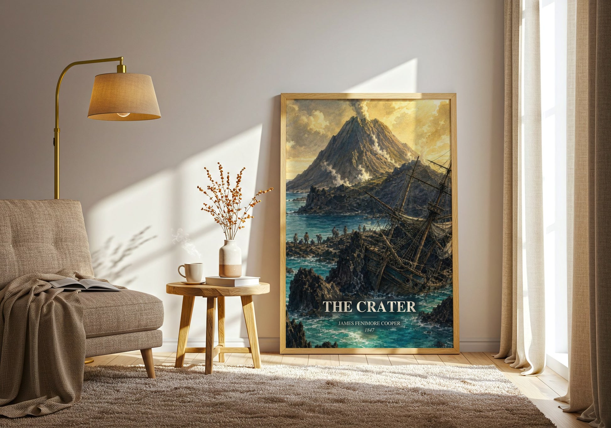The Crater watercolour print in frame leaning in hallway – adventure wall art