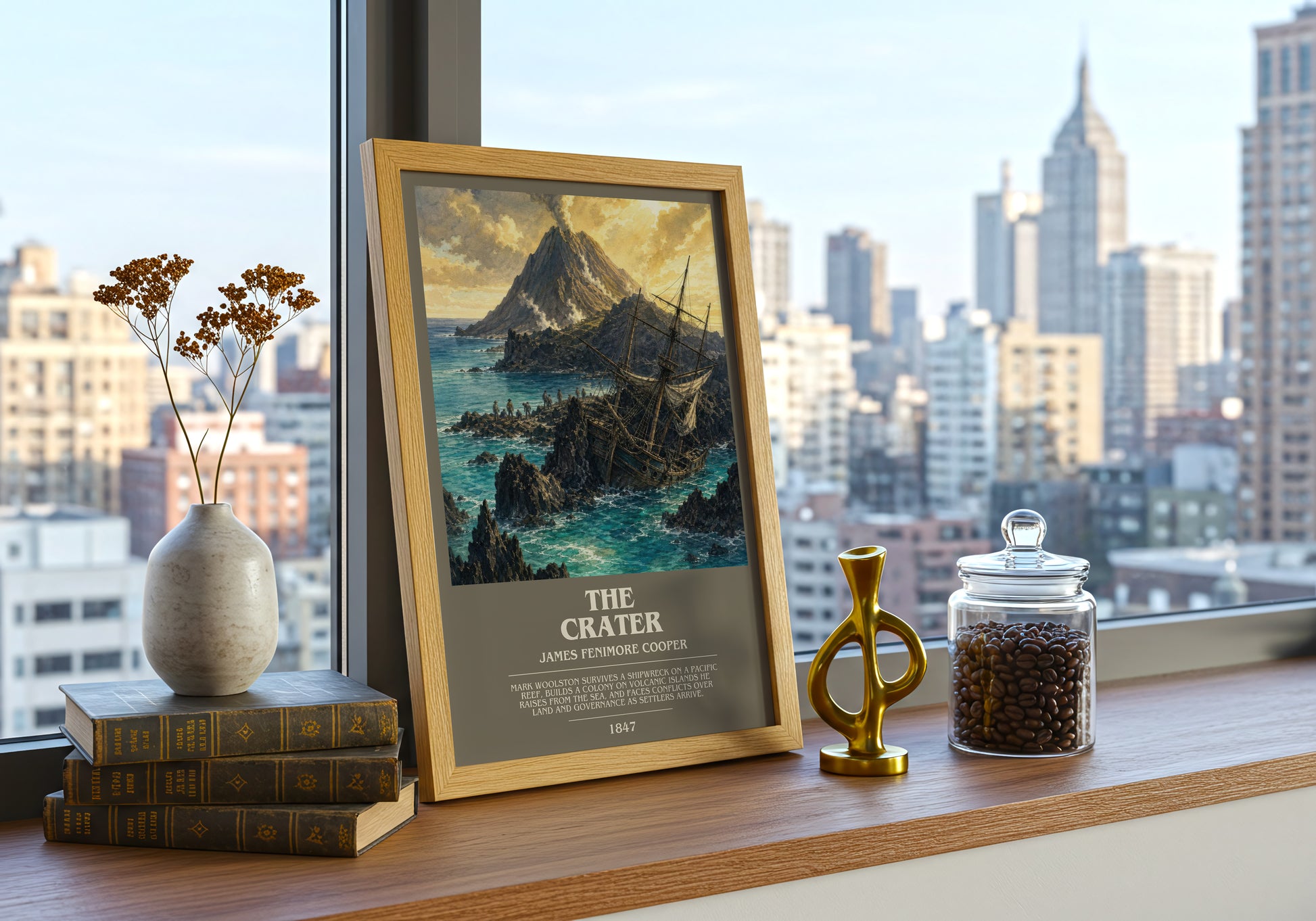 The Crater bookish print framed by window – literary home decor