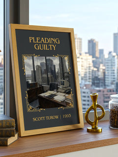 Pleading Guilty Classic Book Art Print by Scott Turow – framed print on a city-view windowsill