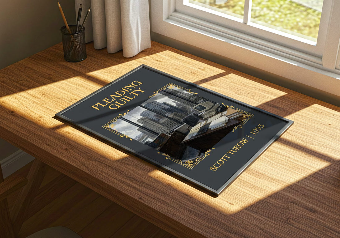Pleading Guilty Classic Book Art Print by Scott Turow – print on a sunlit desk