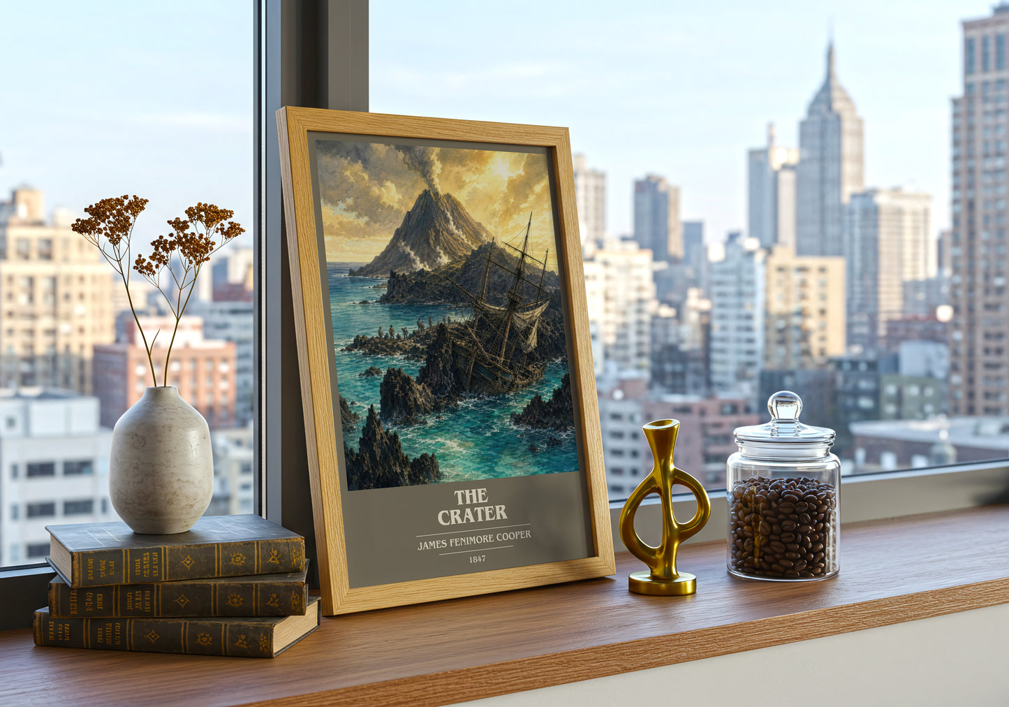 The Crater book cover print framed by window – literary home decor