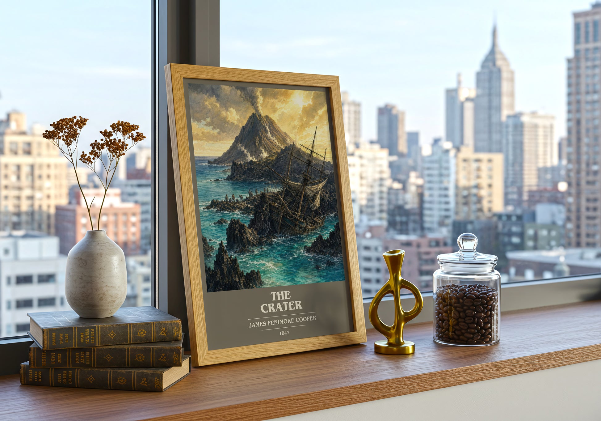 The Crater book cover print framed by window – literary home decor