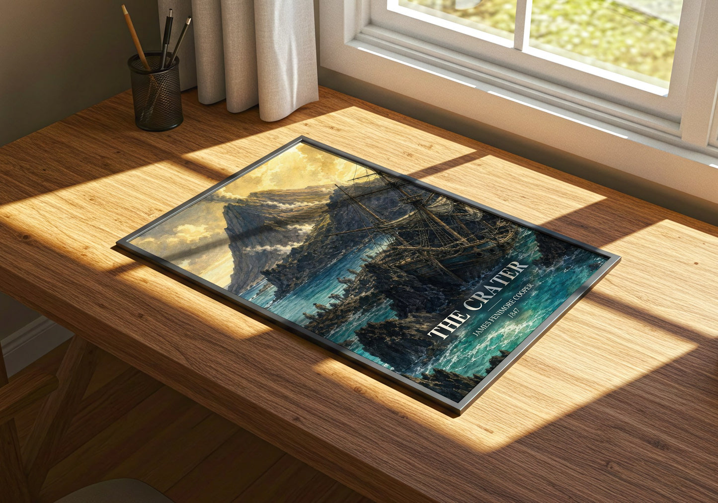 The Crater watercolour book poster framed on wall – adventure wall art