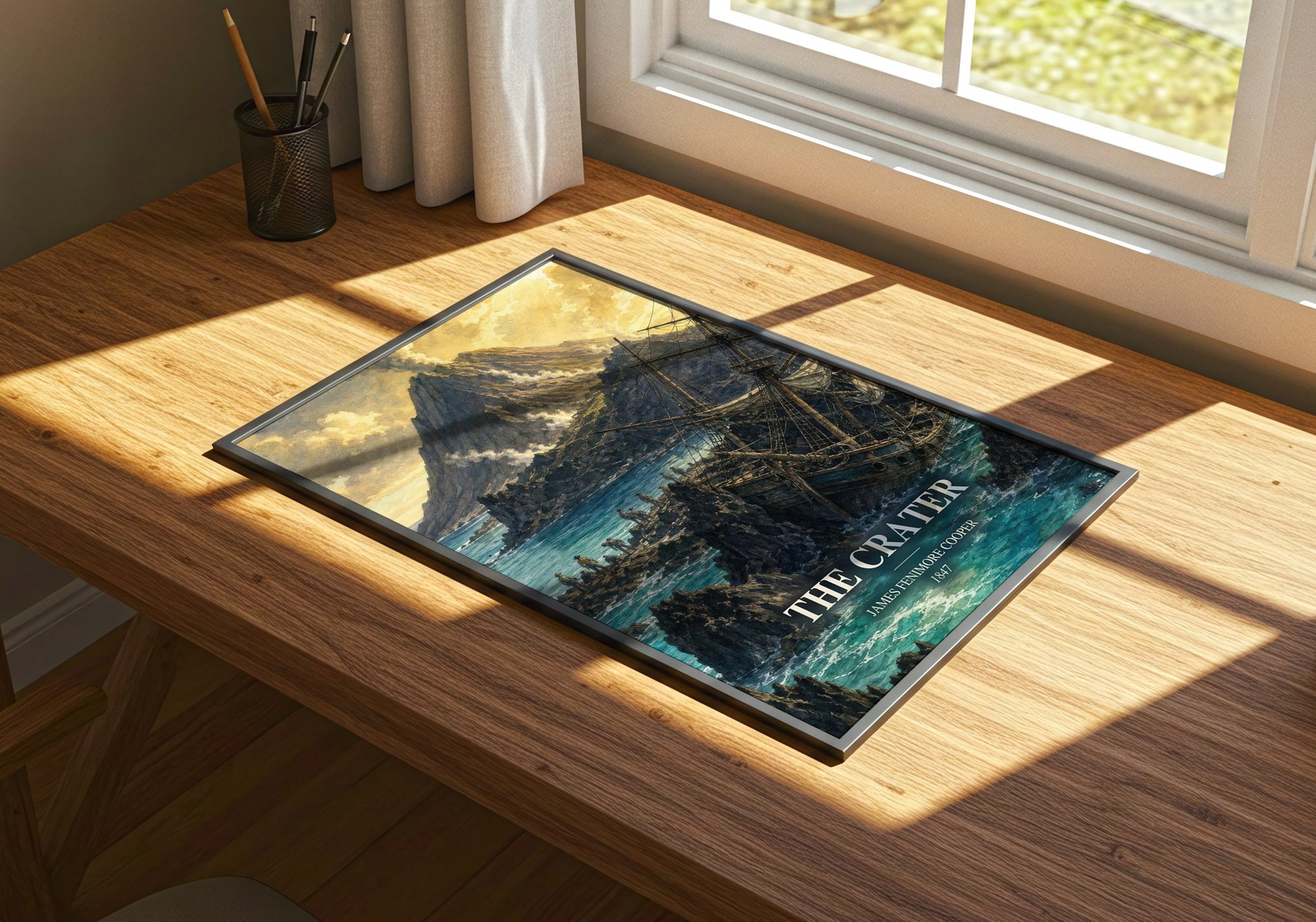The Crater watercolour book poster framed on wall – adventure wall art