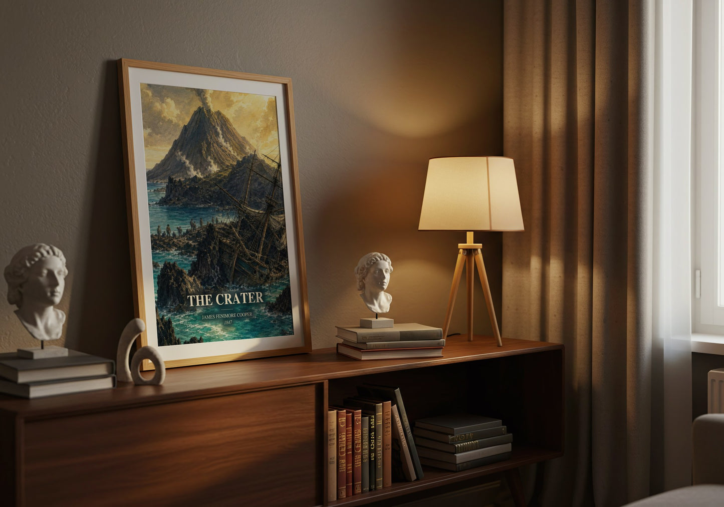 The Crater watercolour print on bookshelf – James Fenimore Cooper fan gift