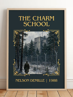 The Charm School Classic Book Art Print by Nelson DeMille – framed print leaning on a wooden floor