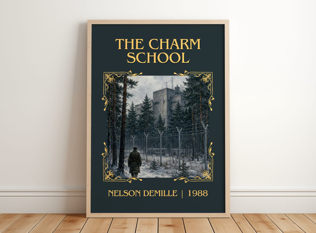 The Charm School Classic Book Art Print by Nelson DeMille – framed print leaning on a wooden floor
