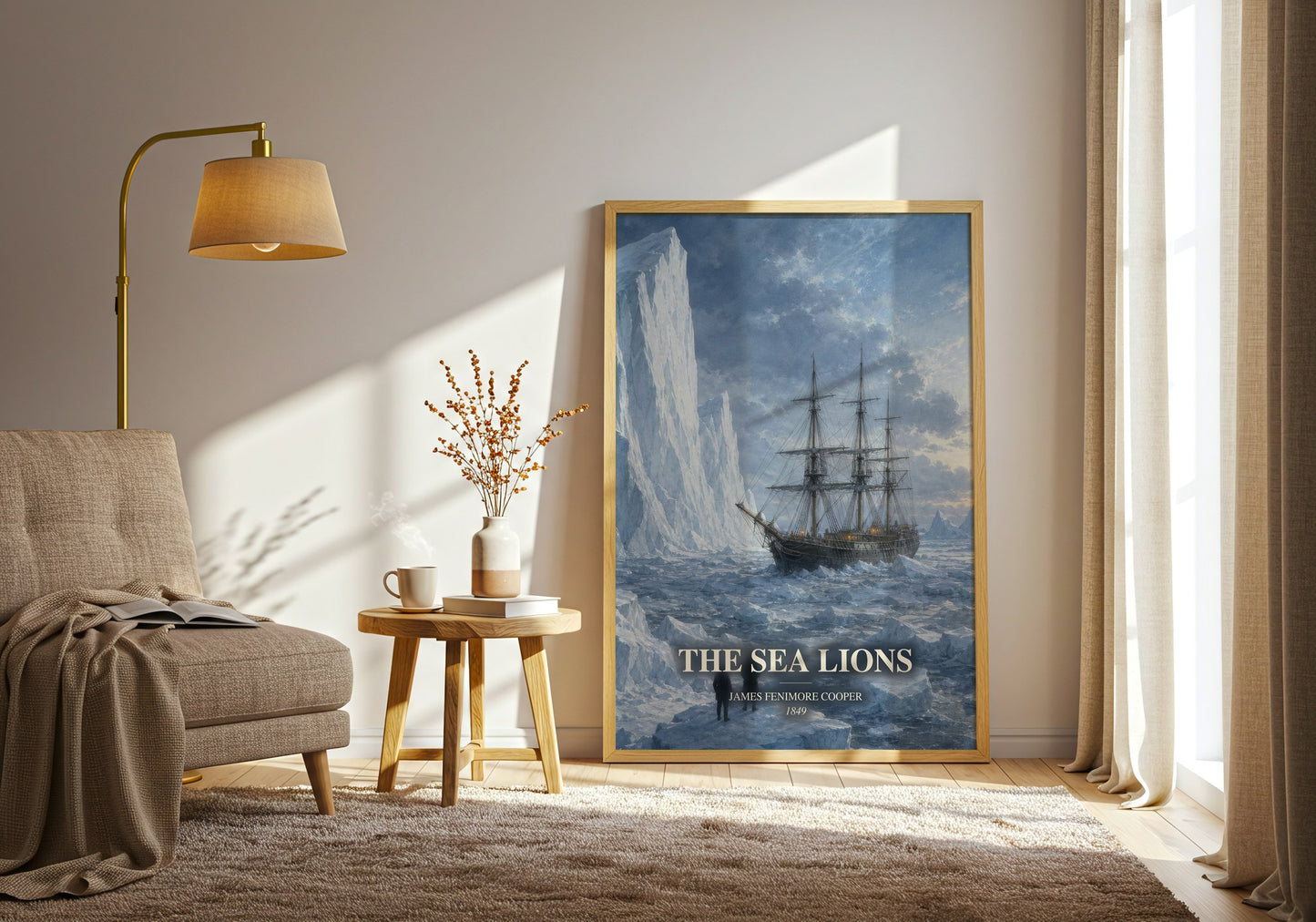 The Sea Lions watercolour print in frame leaning in hallway – adventure wall art
