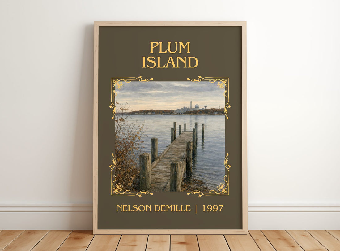 Plum Island Classic Book Art Print by Nelson DeMille – framed print leaning on a wooden floor