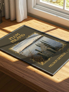 Plum Island Classic Book Art Print by Nelson DeMille – print on a sunlit desk