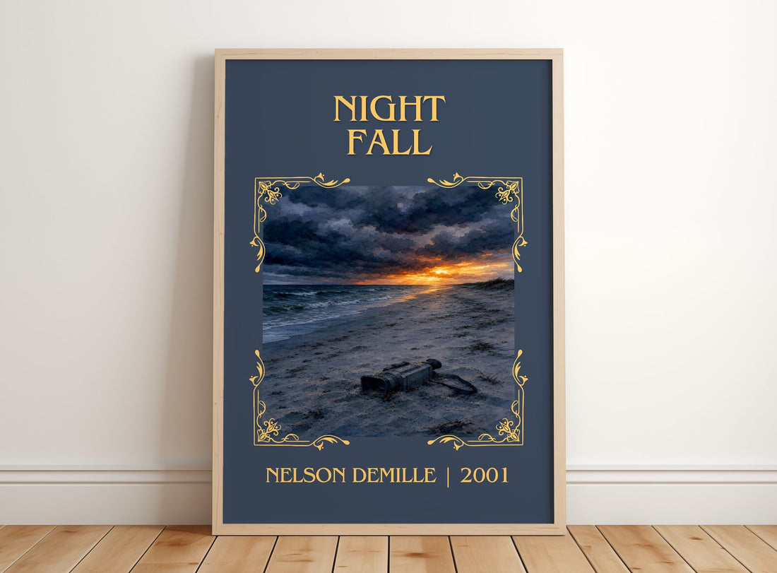 Night Fall Classic Book Art Print by Nelson DeMille – framed print leaning on a wooden floor