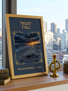 Night Fall Classic Book Art Print by Nelson DeMille – framed print on a city-view windowsill