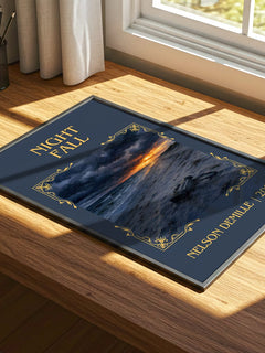Night Fall Classic Book Art Print by Nelson DeMille – print on a sunlit desk