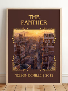 The Panther Classic Book Art Print by Nelson DeMille – framed print leaning on a wooden floor