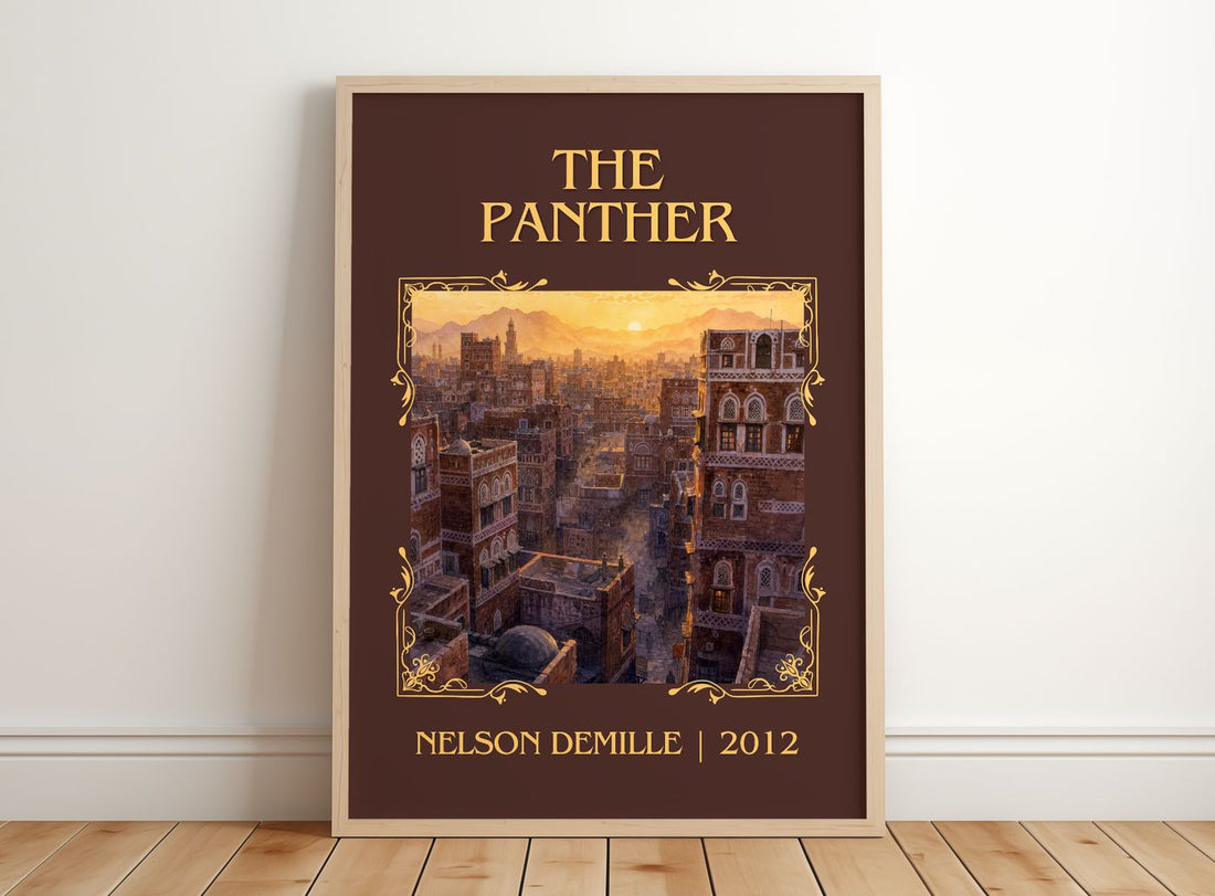 The Panther Classic Book Art Print by Nelson DeMille – framed print leaning on a wooden floor