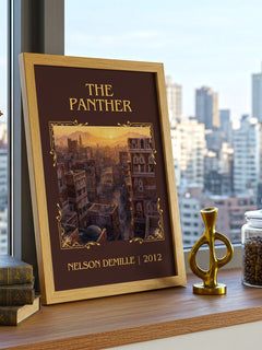 The Panther Classic Book Art Print by Nelson DeMille – framed print on a city-view windowsill