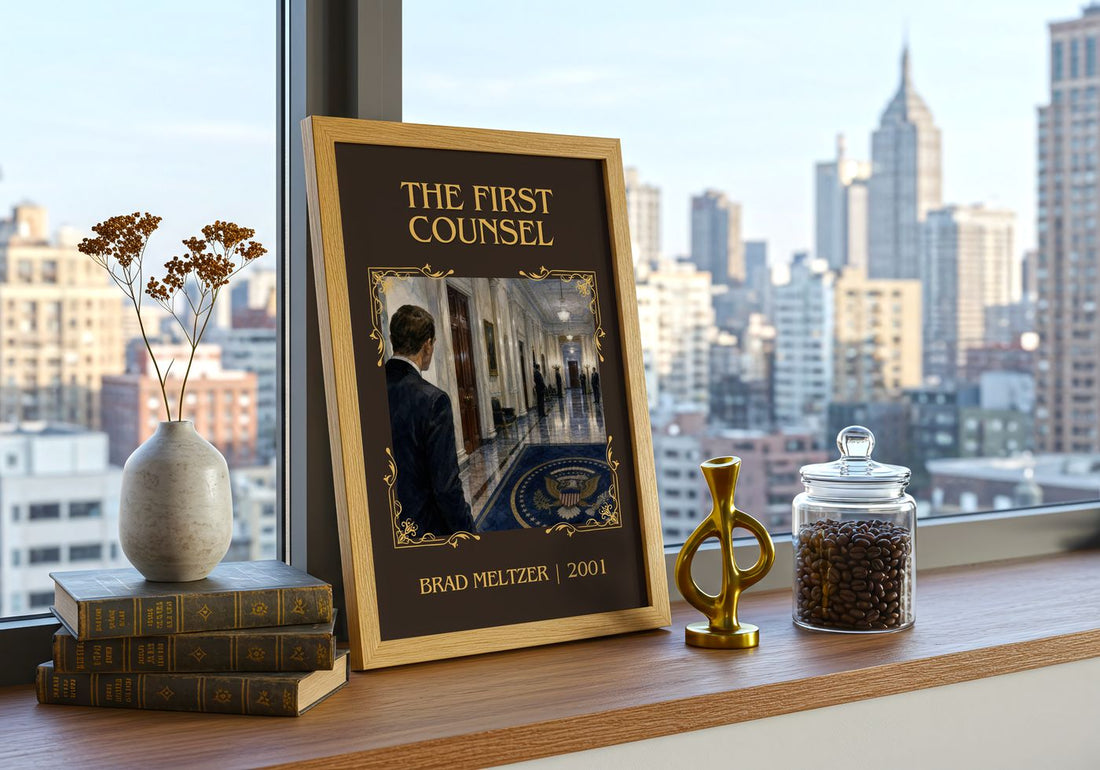 The First Counsel Classic Book Art Print by Brad Meltzer – framed print on a city-view windowsill