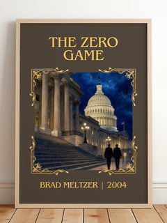 The Zero Game Classic Book Art Print by Brad Meltzer – framed print leaning on a wooden floor