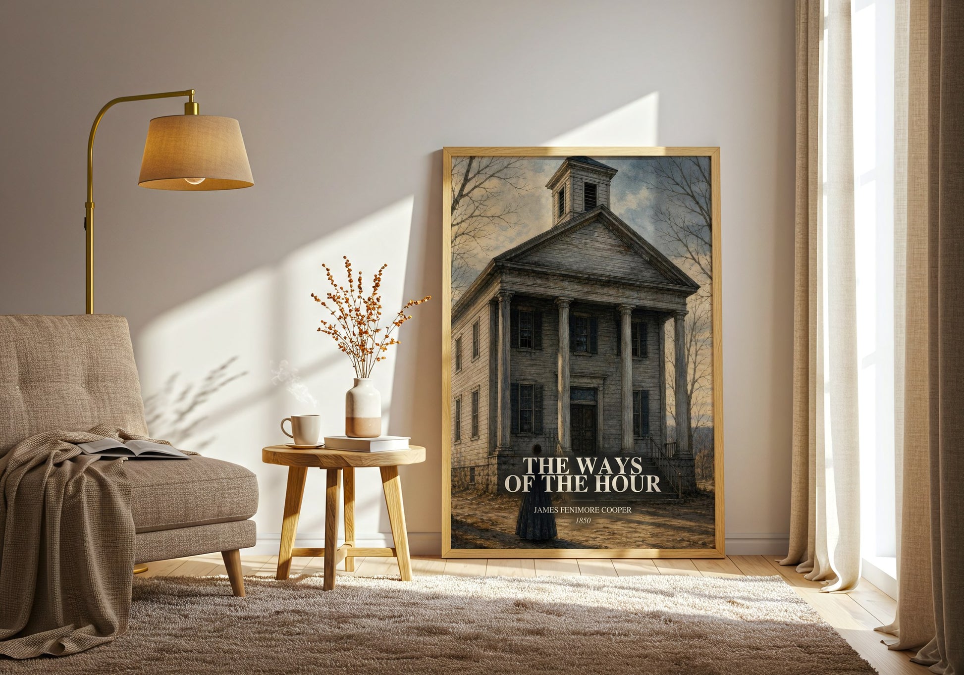 The Ways Of The Hour watercolour print in frame leaning in hallway – historical fiction wall art