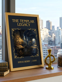 The Templar Legacy Classic Book Art Print by Steve Berry – framed print on a city-view windowsill