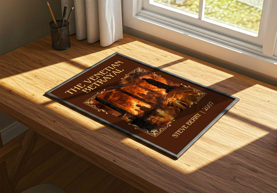 The Venetian Betrayal Classic Book Art Print by Steve Berry – print on a sunlit desk