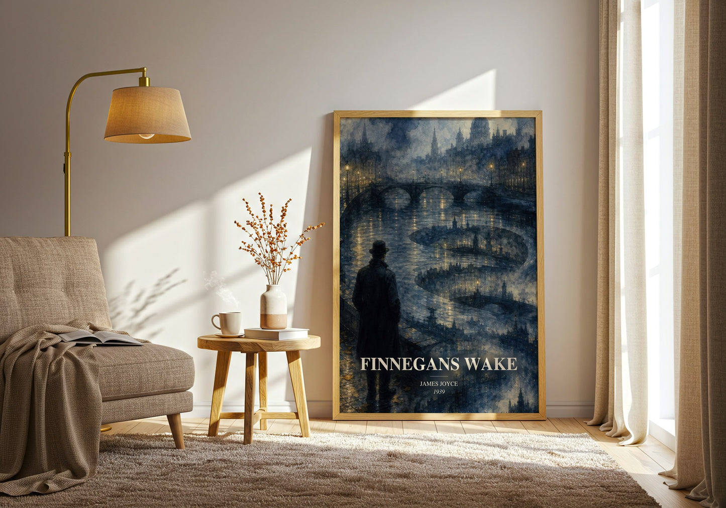Finnegans Wake watercolour print in frame leaning in hallway – literary fiction wall art
