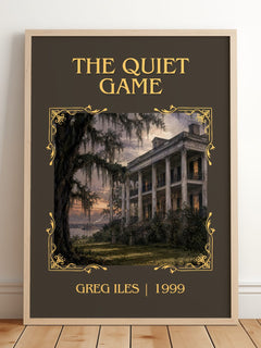 The Quiet Game Classic Book Art Print by Greg Iles – framed print leaning on a wooden floor