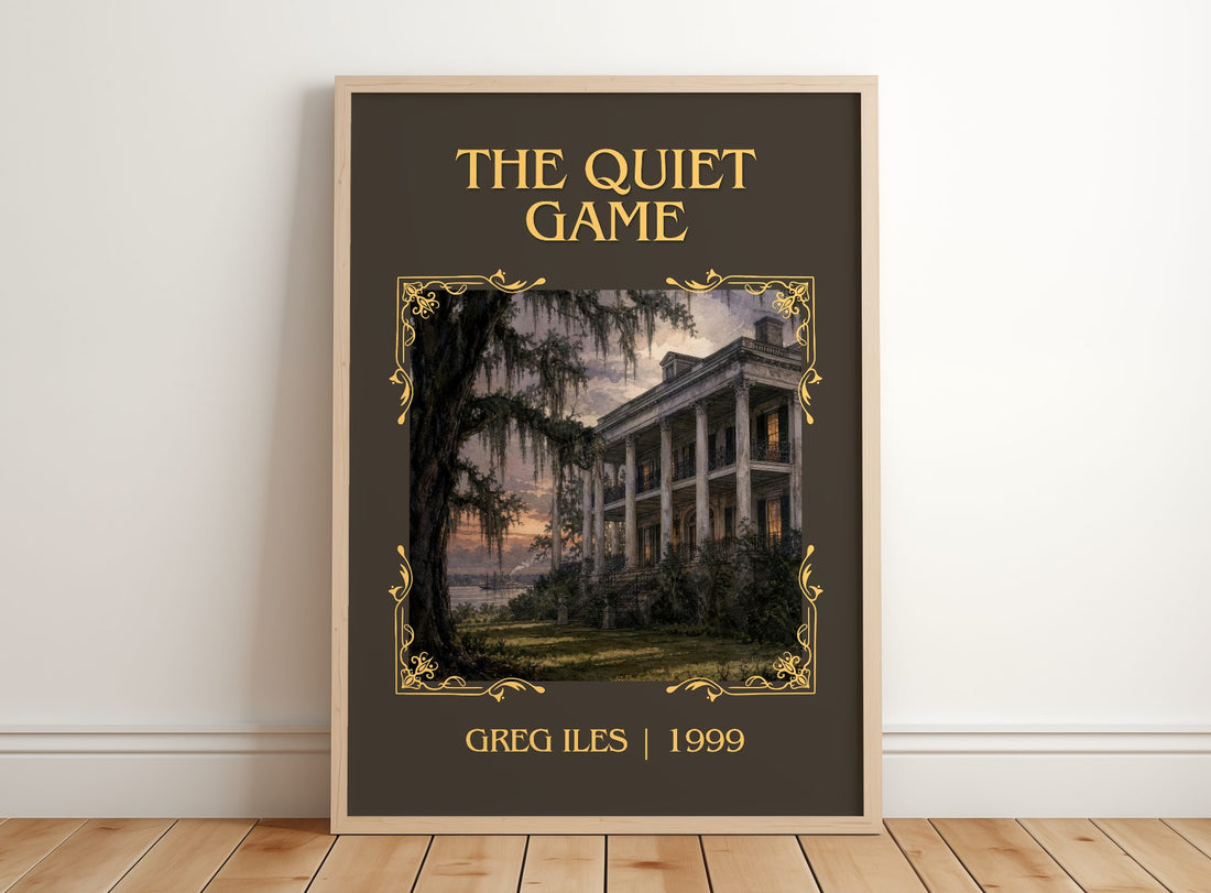 The Quiet Game Classic Book Art Print by Greg Iles – framed print leaning on a wooden floor