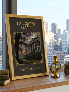 The Quiet Game Classic Book Art Print by Greg Iles – framed print on a city-view windowsill