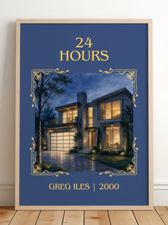 24 Hours Classic Book Art Print by Greg Iles – framed print leaning on a wooden floor