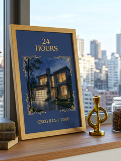 24 Hours Classic Book Art Print by Greg Iles – framed print on a city-view windowsill