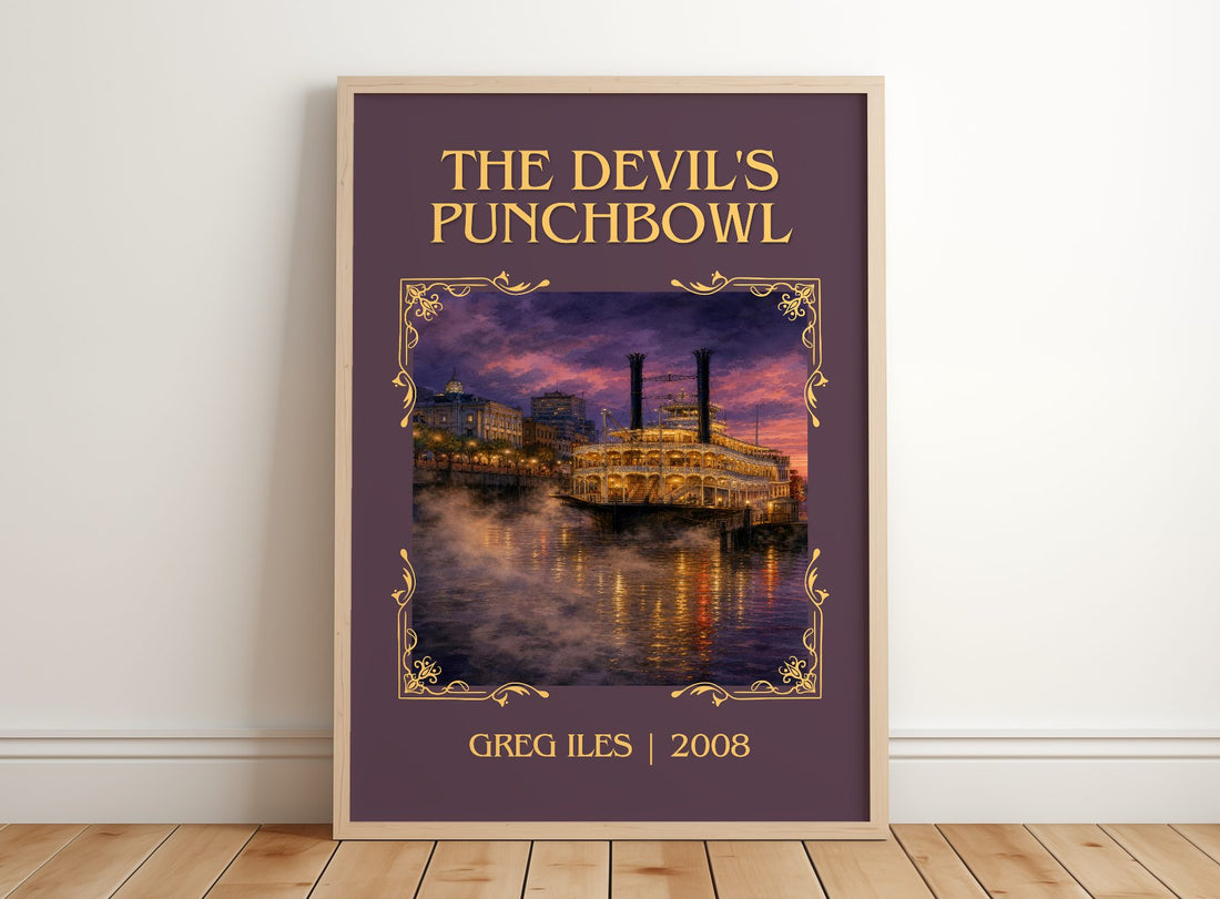 The Devil's Punchbowl Classic Book Art Print by Greg Iles – framed print leaning on a wooden floor